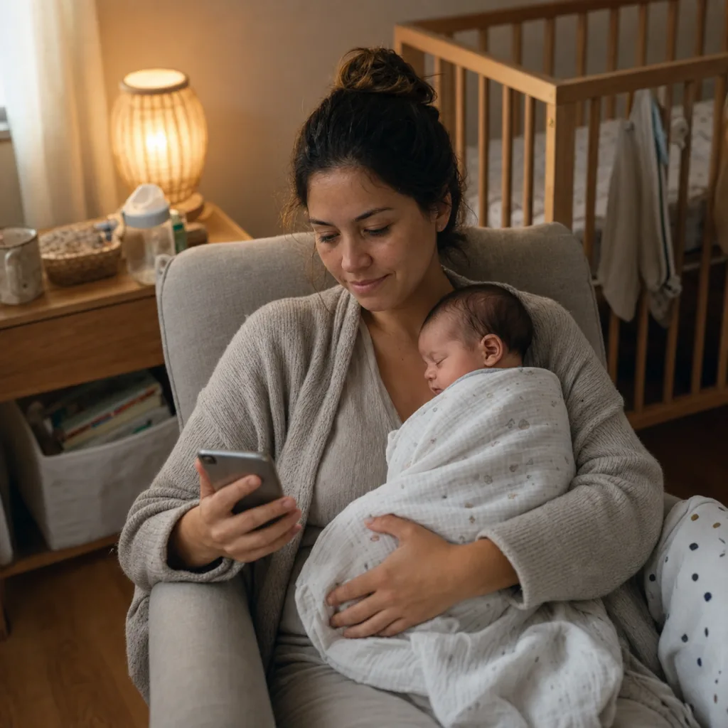 Mãe descansando com o bebê enquanto usa o celular